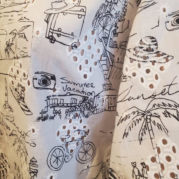 Chico's Sz 12/14 Novelty Vacation Print Eyelet Button Up Balloon Sleeve Top - Picture 5 of 11